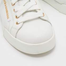 Pre Owned Dolce & Gabbana White/Gold Leather Portofino Embellished Low Top Sneakers Size 38