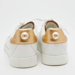 Pre Owned Dolce & Gabbana White/Gold Leather Portofino Embellished Low Top Sneakers Size 38