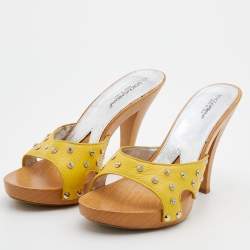Pre Owned Dolce & Gabbana Yellow Leather Crystal Embellished Wooden Platform Slide Sandals Size 40