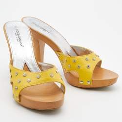 Pre Owned Dolce & Gabbana Yellow Leather Crystal Embellished Wooden Platform Slide Sandals Size 40