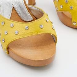 Pre Owned Dolce & Gabbana Yellow Leather Crystal Embellished Wooden Platform Slide Sandals Size 40