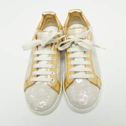 Pre Owned Dolce & Gabbana Gold/White Portofino Leather And PVC  Trainers Low Top Sneakers 38