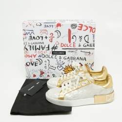 Pre Owned Dolce & Gabbana Gold/White Portofino Leather And PVC  Trainers Low Top Sneakers 38