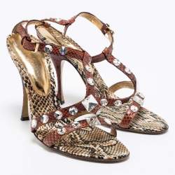 Pre Owned Dolce & Gabbana Brown/Beige Python Crystal Embellished T-Strap Sandals Size 38