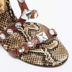 Pre Owned Dolce & Gabbana Brown/Beige Python Crystal Embellished T-Strap Sandals Size 38