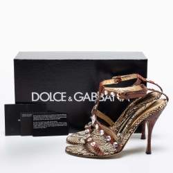 Pre Owned Dolce & Gabbana Brown/Beige Python Crystal Embellished T-Strap Sandals Size 38