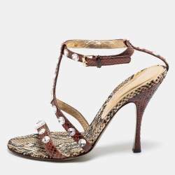 Pre Owned Dolce & Gabbana Brown/Beige Python Crystal Embellished T-Strap Sandals Size 38