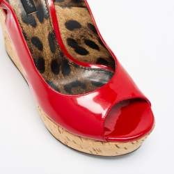 Pre Owned Dolce & Gabbana Red Patent Leather Cork Wedge Platform Slingback Sandals Size 38