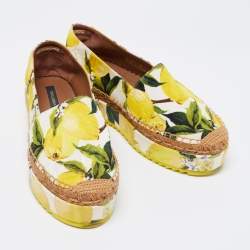 Pre Owned Dolce & Gabbana Tri-Color Lemon Print Fabric Platform Espadrilles Size 36