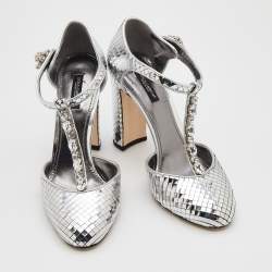 Pre Owned Dolce & Gabbana Metallic Silver Textured Leather Embellished T Strap Pumps Size 39.5
