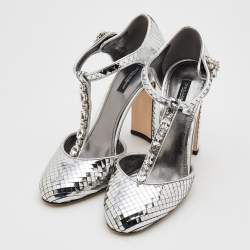 Pre Owned Dolce & Gabbana Metallic Silver Textured Leather Embellished T Strap Pumps Size 39.5