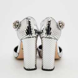 Pre Owned Dolce & Gabbana Metallic Silver Textured Leather Embellished T Strap Pumps Size 39.5