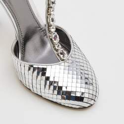 Pre Owned Dolce & Gabbana Metallic Silver Textured Leather Embellished T Strap Pumps Size 39.5