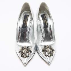 Pre Owned Dolce & Gabbana Silver Snake Embossed Leather Crystal Embellishments Pointed-Toe Pumps Size 40