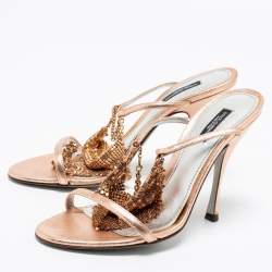 Pre Owned Dolce & Gabbana Metallic Rose Gold Leather Embellished Ankle Strap Sandals Size 39