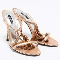 Pre Owned Dolce & Gabbana Metallic Rose Gold Leather Embellished Ankle Strap Sandals Size 39