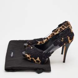 Pre Owned Dolce & Gabbana Black/Brown Leopard Print Calf Hair And PVC Floral Embroidered Peep Toe Pumps Size 39