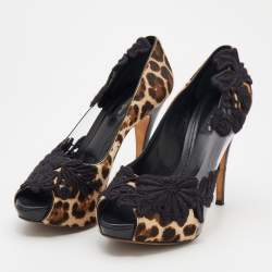 Pre Owned Dolce & Gabbana Black/Brown Leopard Print Calf Hair And PVC Floral Embroidered Peep Toe Pumps Size 39