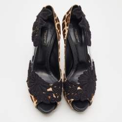 Pre Owned Dolce & Gabbana Black/Brown Leopard Print Calf Hair And PVC Floral Embroidered Peep Toe Pumps Size 39
