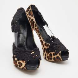 Pre Owned Dolce & Gabbana Black/Brown Leopard Print Calf Hair And PVC Floral Embroidered Peep Toe Pumps Size 39