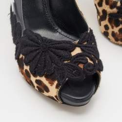 Pre Owned Dolce & Gabbana Black/Brown Leopard Print Calf Hair And PVC Floral Embroidered Peep Toe Pumps Size 39