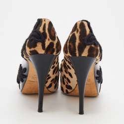 Pre Owned Dolce & Gabbana Black/Brown Leopard Print Calf Hair And PVC Floral Embroidered Peep Toe Pumps Size 39