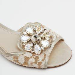 Pre Owned حذاء سلايد فلات دولتشي أند غابانا بيانكا مزخرف كريستال دانتيل و ساتان أحمر مقاس 37