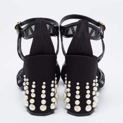 Pre Owned Dolce & Gabbana Black Patent Leather Pearl Embellished Heel Ankle Strap Sandals Size 38