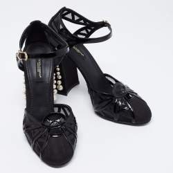 Pre Owned Dolce & Gabbana Black Patent Leather Pearl Embellished Heel Ankle Strap Sandals Size 38