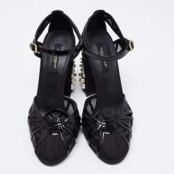 Pre Owned Dolce & Gabbana Black Patent Leather Pearl Embellished Heel Ankle Strap Sandals Size 38