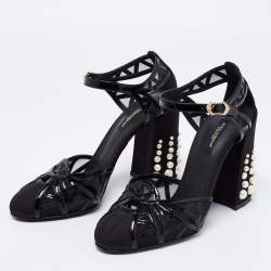 Pre Owned Dolce & Gabbana Black Patent Leather Pearl Embellished Heel Ankle Strap Sandals Size 38