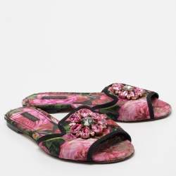 Pre Owned Dolce & Gabbana Pink Printed Canvas Crystal Embellished Bianca Flat Slides Size 38.5
