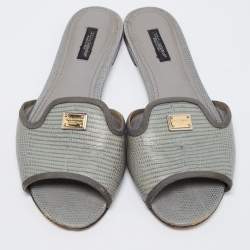 Pre Owned صندل سلايد فلات دولتشي أند غابانا صوفيا جلد نقشة السحلية أخضر/رصاصي مقاس 39