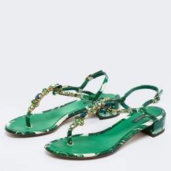 Dolce & Gabbana Green Leaf Printed Patent Leather Crystal Embellished Ankle Strap Sandals Size 38.5