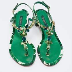Dolce & Gabbana Green Leaf Printed Patent Leather Crystal Embellished Ankle Strap Sandals Size 38.5