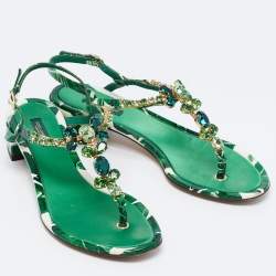 Dolce & Gabbana Green Leaf Printed Patent Leather Crystal Embellished Ankle Strap Sandals Size 38.5