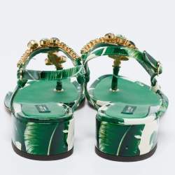 Dolce & Gabbana Green Leaf Printed Patent Leather Crystal Embellished Ankle Strap Sandals Size 38.5