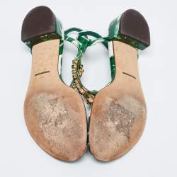 Dolce & Gabbana Green Leaf Printed Patent Leather Crystal Embellished Ankle Strap Sandals Size 38.5