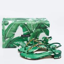 Dolce & Gabbana Green Leaf Printed Patent Leather Crystal Embellished Ankle Strap Sandals Size 38.5