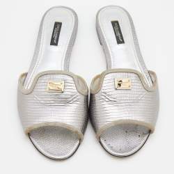 Pre Owned حذاء سلايد فلات دولتشي أند غابانا صوفيا جلد نقشة سحلية فضي مقاس 38