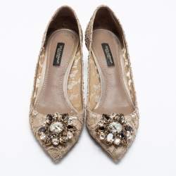 Pre Owned Dolce & Gabbana Beige Lace Bellucci Pointed Toe Pumps Size 36.5