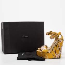 Pre Owned Dolce & Gabbana Yellow Fabric Floral Print Wedge Sandals Size 36