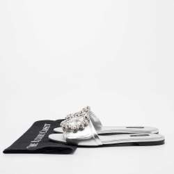 Pre Owned Dolce & Gabbana Silver Leather Jewelled Embellished Flat Slides Size 39