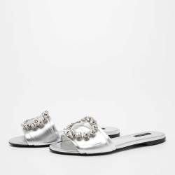 Pre Owned Dolce & Gabbana Silver Leather Jewelled Embellished Flat Slides Size 39