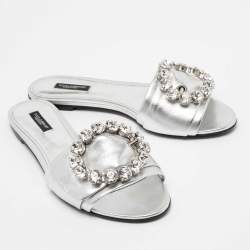 Pre Owned Dolce & Gabbana Silver Leather Jewelled Embellished Flat Slides Size 39
