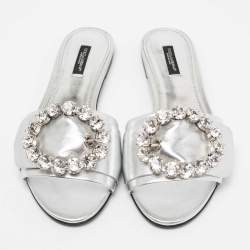 Pre Owned Dolce & Gabbana Silver Leather Jewelled Embellished Flat Slides Size 39