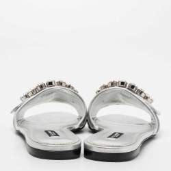 Pre Owned Dolce & Gabbana Silver Leather Jewelled Embellished Flat Slides Size 39