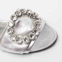 Pre Owned Dolce & Gabbana Silver Leather Jewelled Embellished Flat Slides Size 39