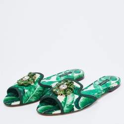 Pre Owned Dolce & Gabbana Green/White Banana Leaf-Print Fabric Crystal Embellished Flats Size 40
