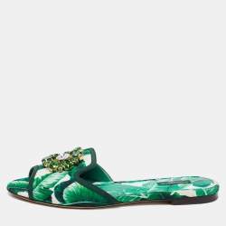 Pre Owned Dolce & Gabbana Green/White Banana Leaf-Print Fabric Crystal Embellished Flats Size 40